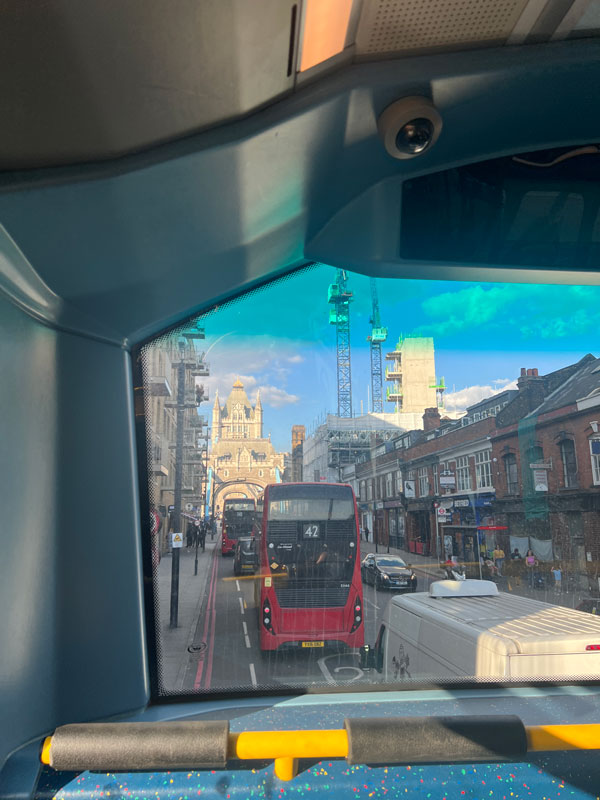 A view from a bus window of a city street