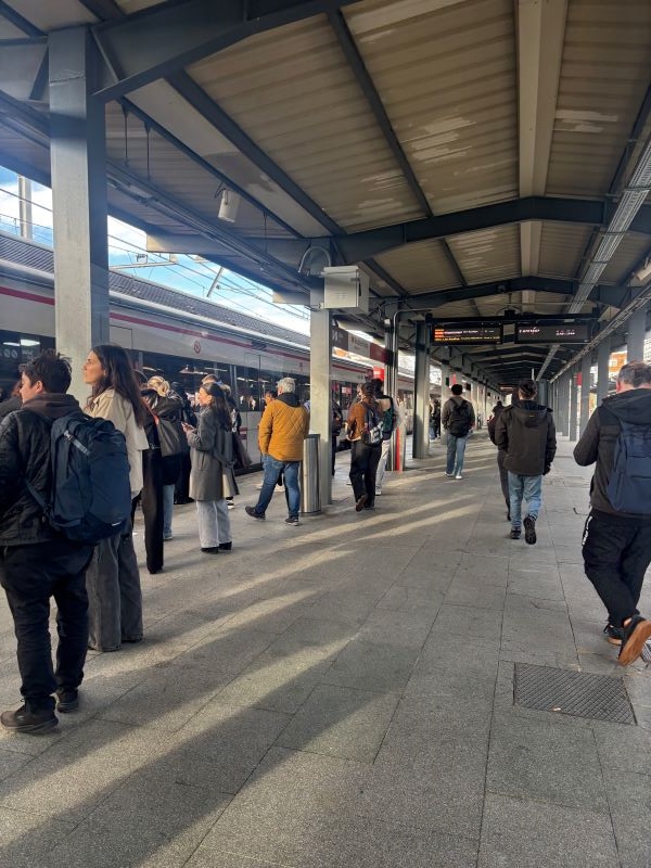 The interior of a train station platform, featuring lots of people walking around and a train on the lefthand side