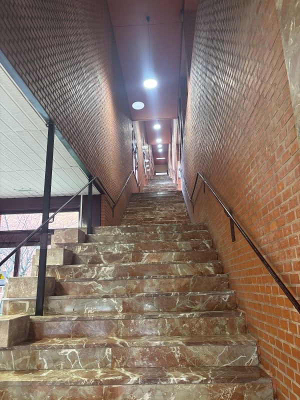 A long flight of stairs, as viewed from the bottom looking up