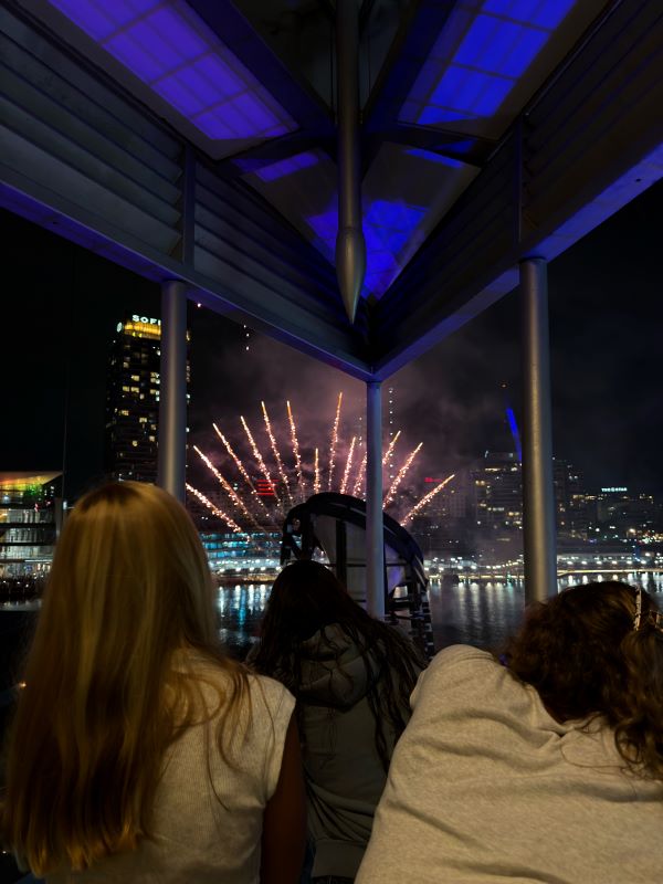 A group of study abroad students as seen from behind looking at bright fireworks explosions through panes of glass at nighttime