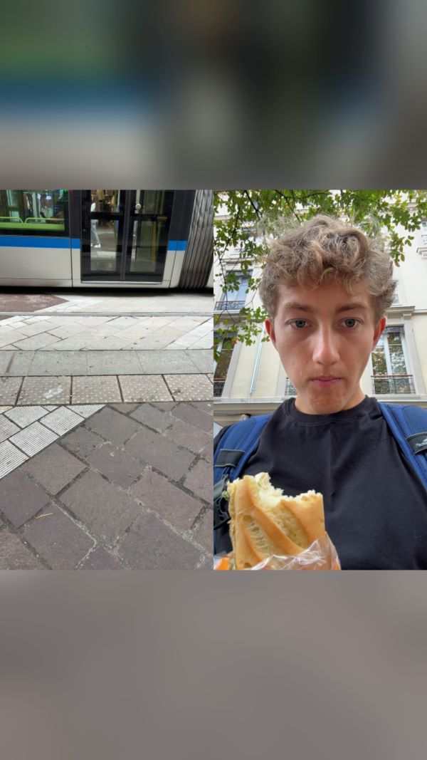 A study abroad student taking a selfie while holding a sandwich next to a photo of a tram door