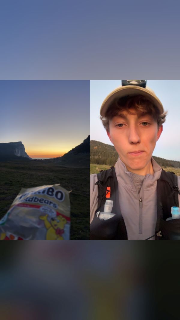 A study abroad student taking a selfie outdoors next to a photo of a bag of sweets in front of a sunset