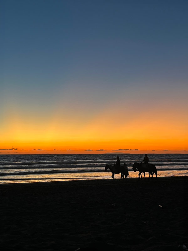 Two people riding two horses on a beach at sunset