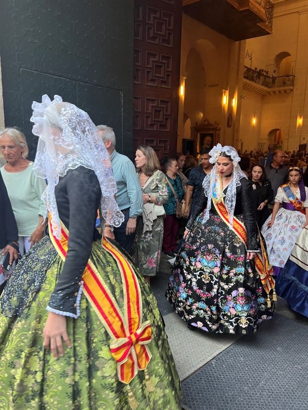 Close-up of the traditional Spanish dresses women wear for parades