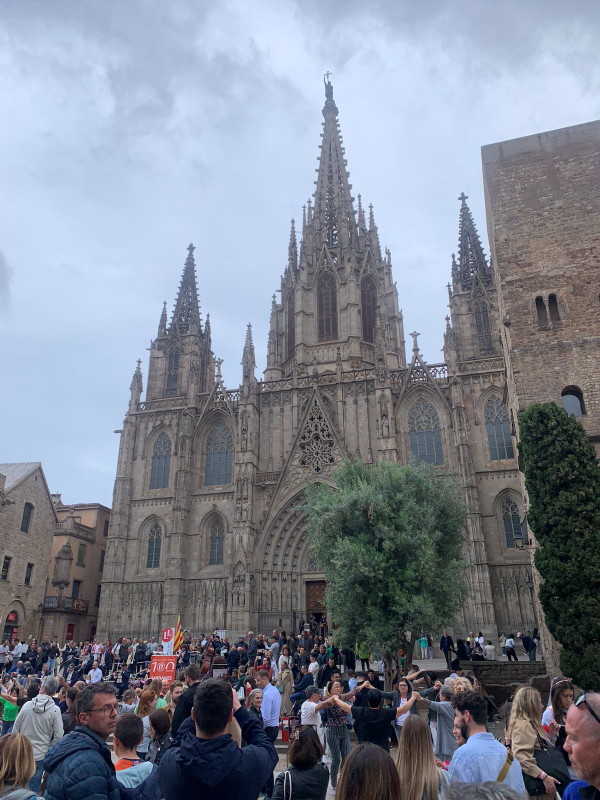 Crowd of civilians outside the Cathedral of Barcelona