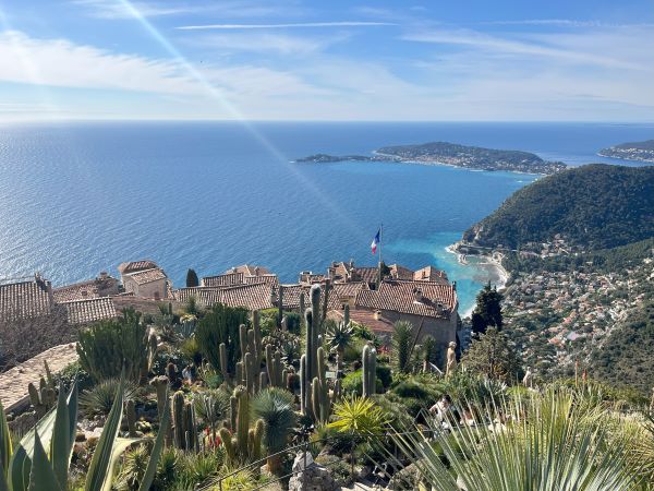 Eze botanical gardens with view of city and ocean below