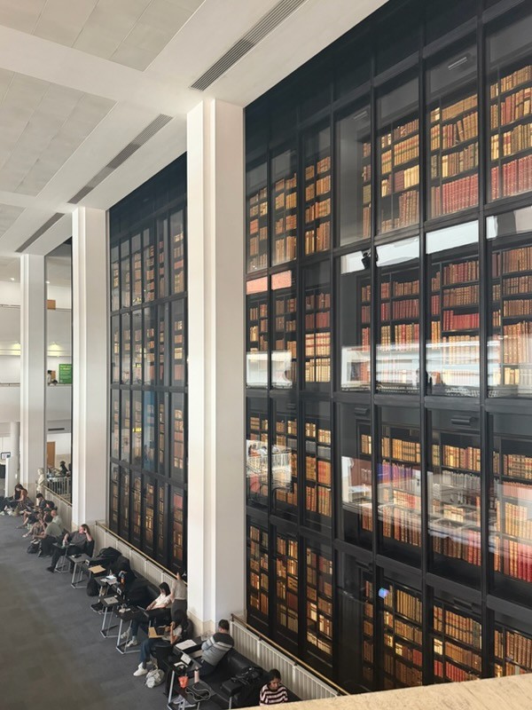 A large wall of books behind large glass panes taking up several floors of the central area a building with people sitting in desks around it