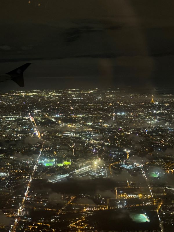 View of Paris from airplane at night