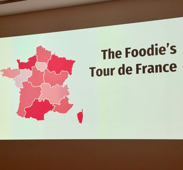 A screen showing an image of France with each region highlighted in different shades of pink, and text reading