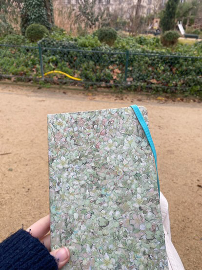 Study abroad student holding journal in park