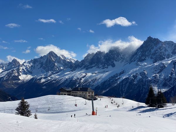 Mountains and ski lodge in chamonix
