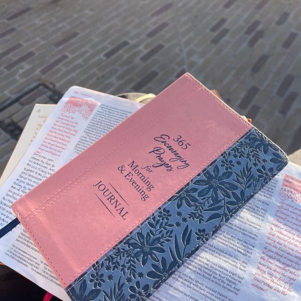Up close photo of pink bible journal