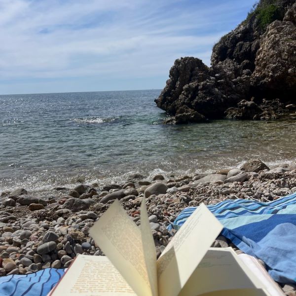 Open Bible on rocky beach with ocean view