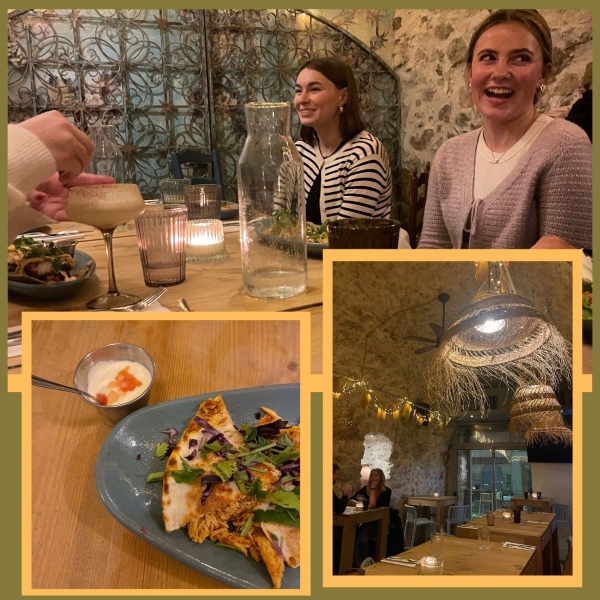 Collage of three photos documenting study abroad student eating quesadilla