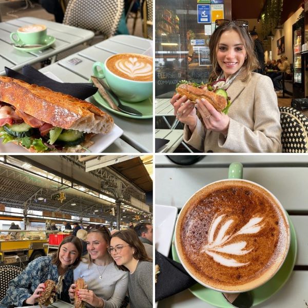 Collage of four pictures documenting study abroad student's coffee and sandwiches