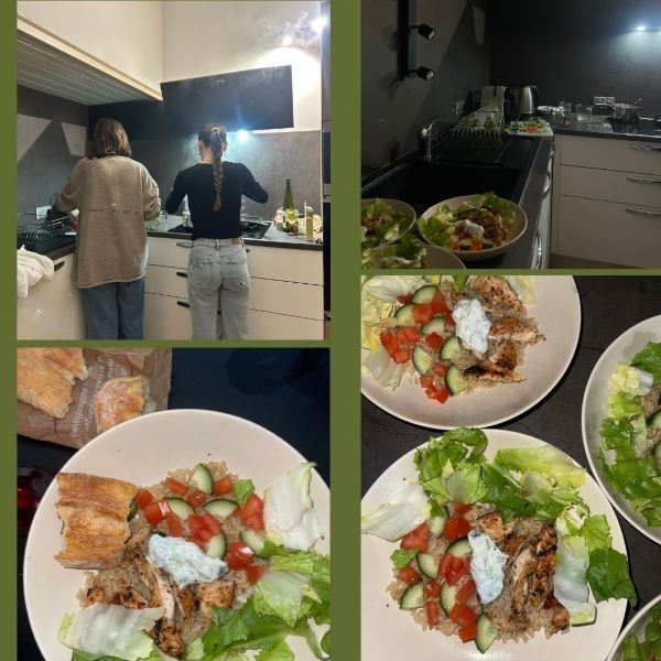 Collage of study abroad students cooking tzatziki chicken bowls 