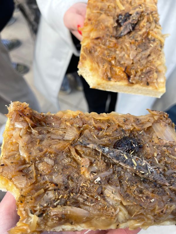 Up close photo of a traditional onion tart 