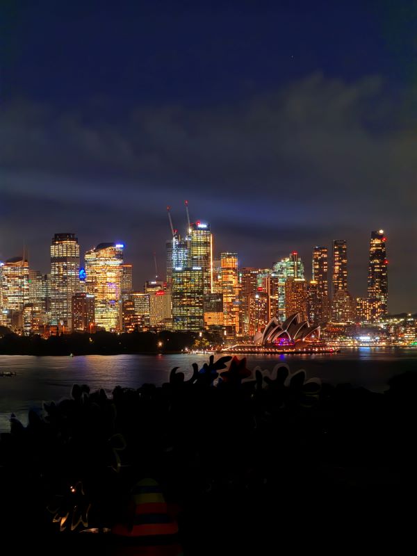 Buildings in a city skyline seen brightly illuminated at night across a body of water