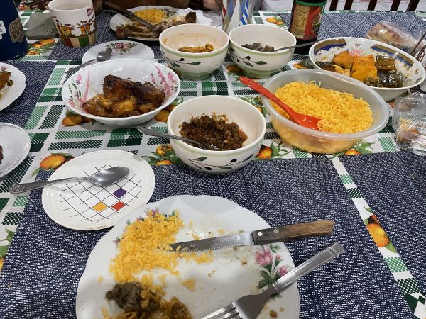 Variety of plated dishes on dinner table