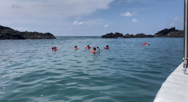 Class of study abroad students snorkeling on the coast
