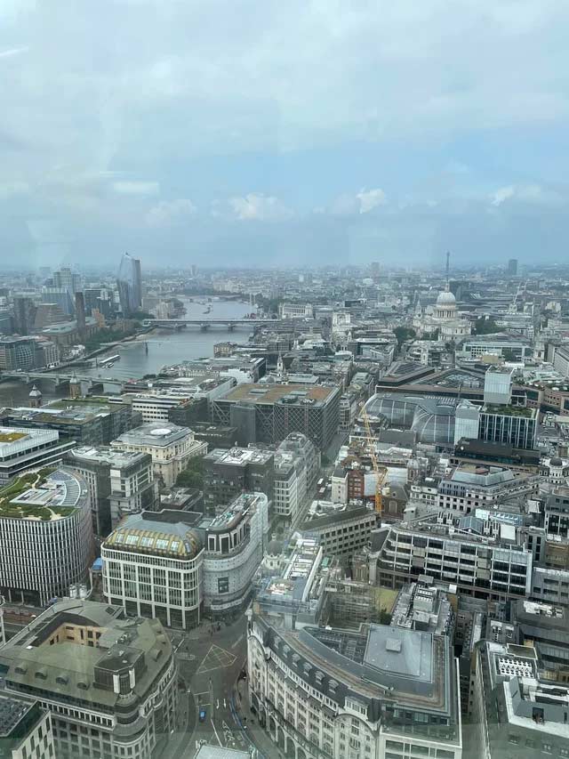 The view of the London skyline from the balcony of the Sky Garden