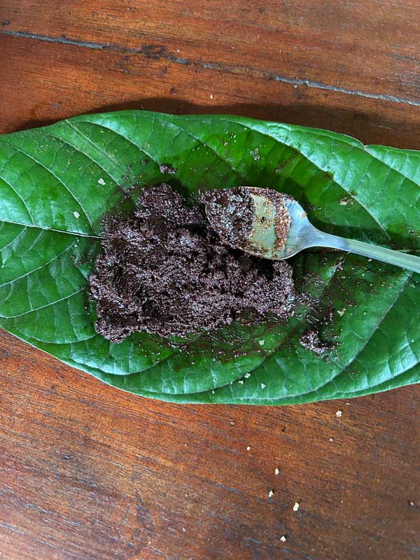 A leaf with ground chocolate beans on top of it