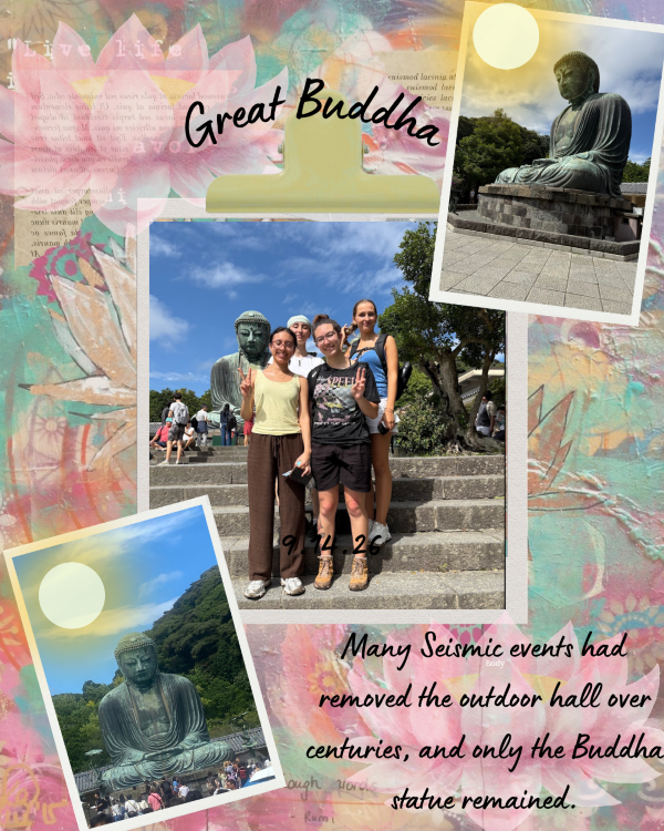 A collage of photos featuring study abroad students smiling at the camera and a large outdoor Buddha statue