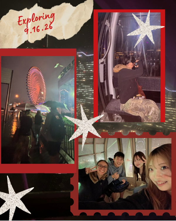 A collage of photos featuring study abroad students exploring a city landscape and taking selfies while smiling at the camera
