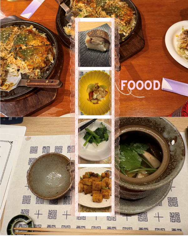 A collage of photos featuring many dishes of food and the word