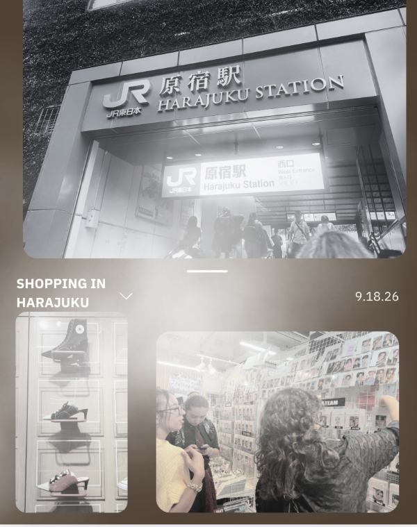 A collage of photos showing a storefront, a display of shoes, and study abroad students looking at photos in a store
