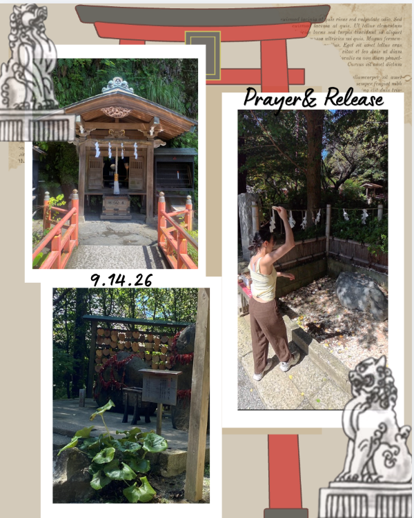 A collage of photos featuring an outdoor shrine and a study abroad student looking toward it with their right arm raised