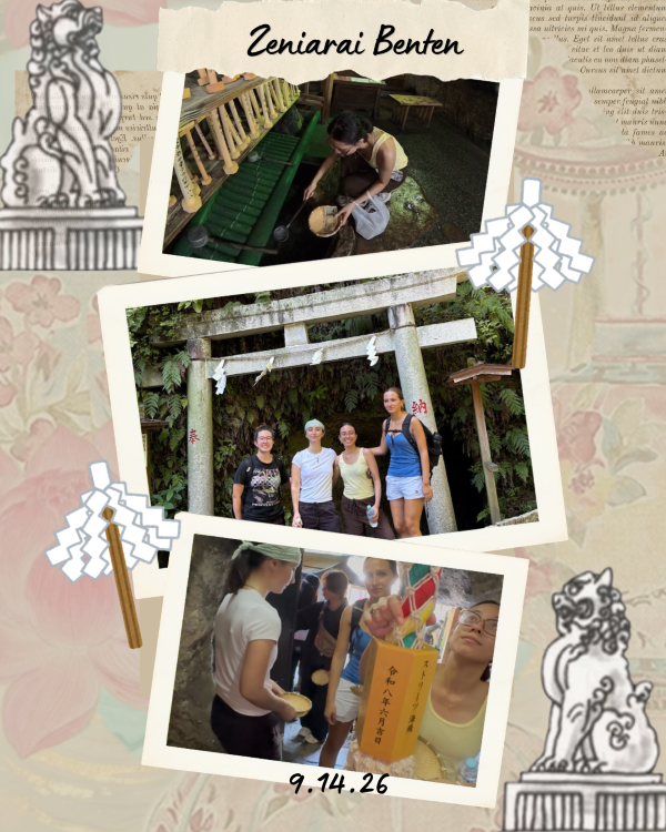A collage of photos featuring study abroad students smiling at the camera and engaging with a shrine