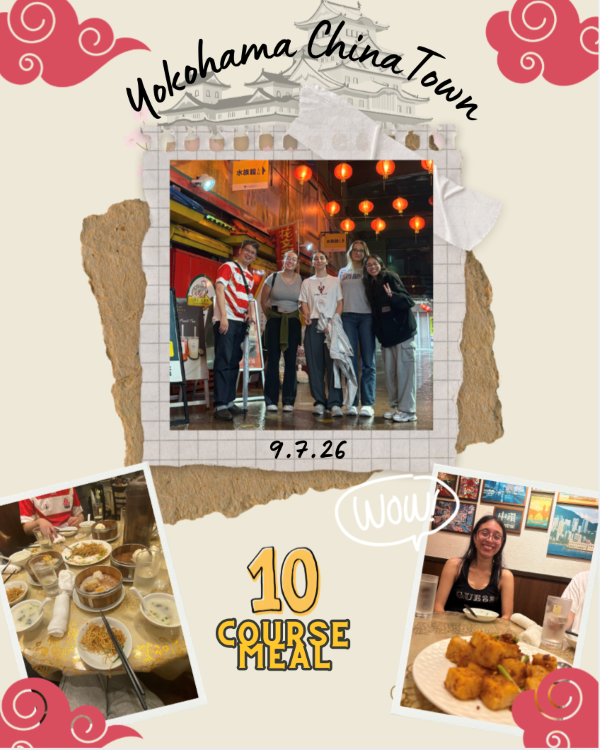 A collage of photos and small graphics featuring study abroad students eating dinner indoors