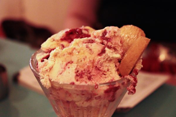 A close-up of a small dessert dish holding white ice cream streaked with red and small shortbread cookies