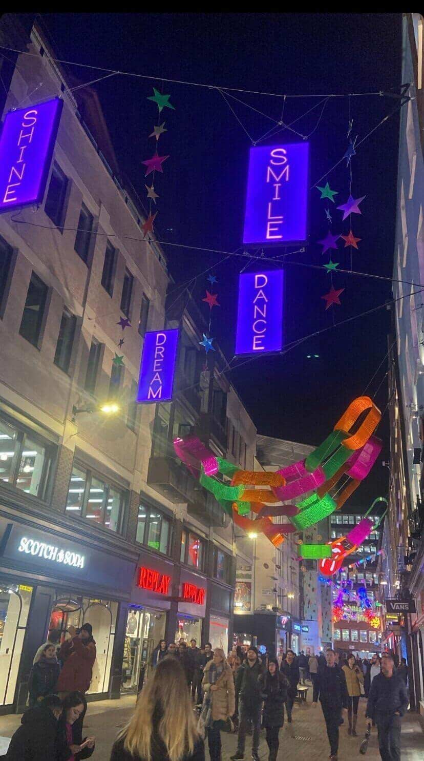 Lights and decorations in Soho at night in London