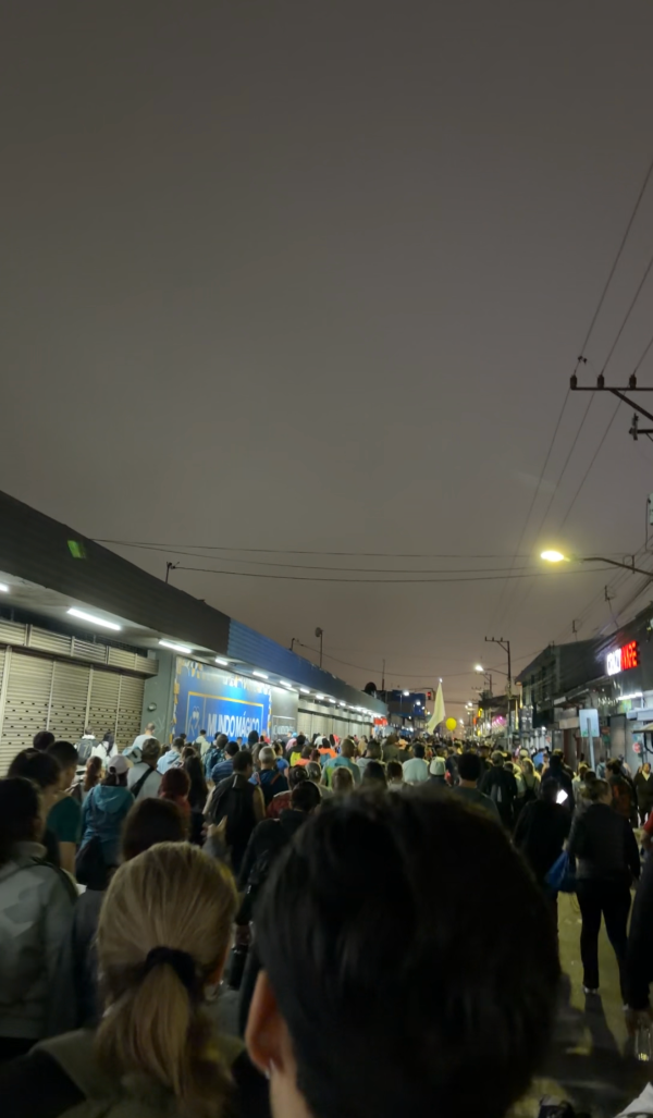 A large group of people walking away from the camera during nighttime on a well-lit city street
