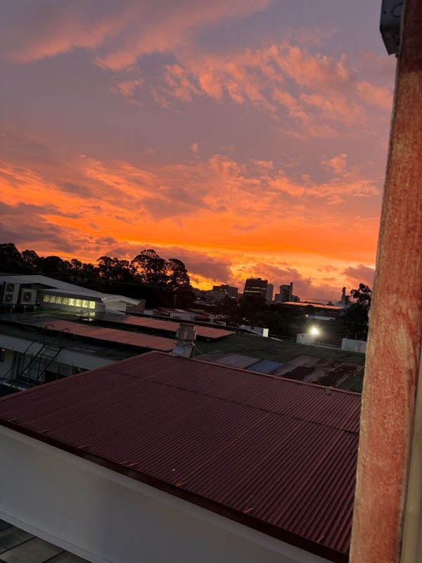 A bright orange, yellow, pink, and purple sunset seen above building roofs
