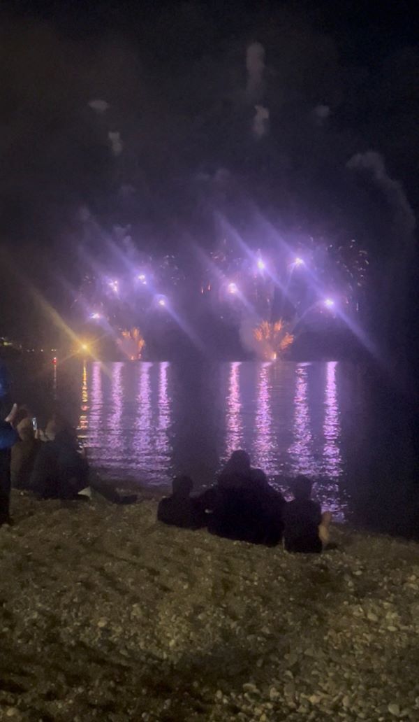 Purple burts of fireworks seen against a dark night sky with people watching from a rocky beach shore in the foreground