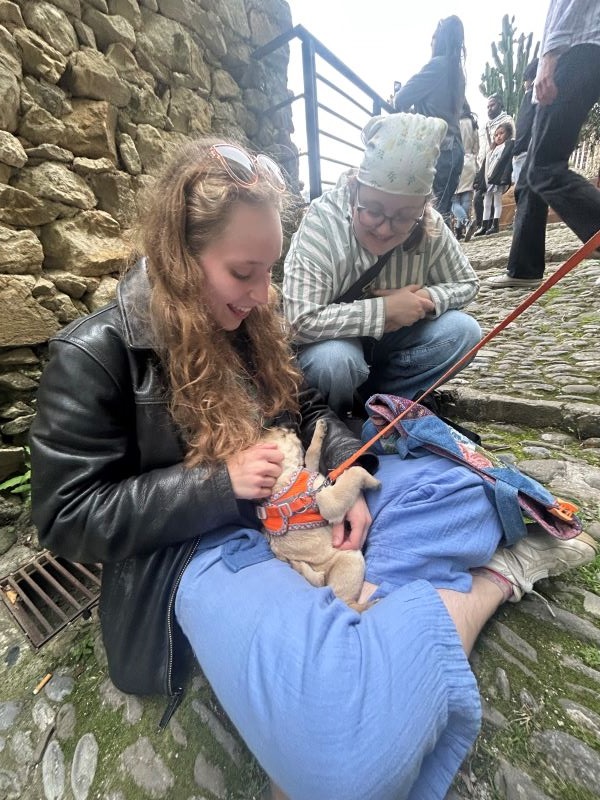 A study abroad student sitting on the ground and holding a tiny pug puppy in their lap, while another student sits next to them and smiles at the dog