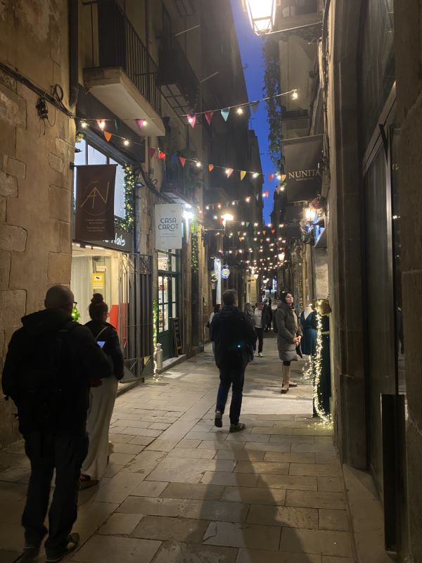 A small narrow street at nighttime with people walking in both directions under strung-up lights
