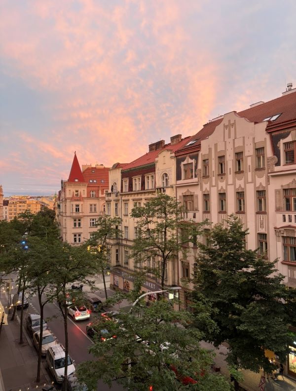 View from balcony of sunset and Prague