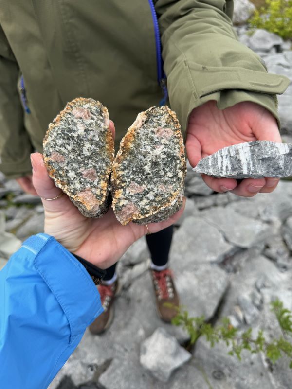A close up of the hands of two study abroad students holding large rocks up to the camera