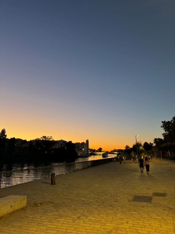 A cobblestone path lined on the left by a body of water, all seen in the dusky darkness of evening with the sun setting in the background