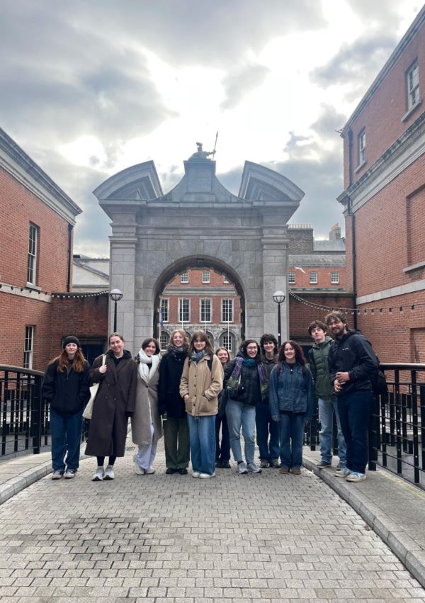 Photo of study abroad students during class on a walk around Dublin