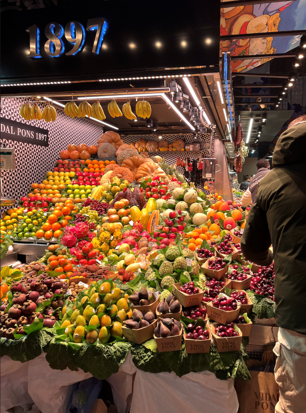 Variety of fruits and vegetables on display at La Boqueria 