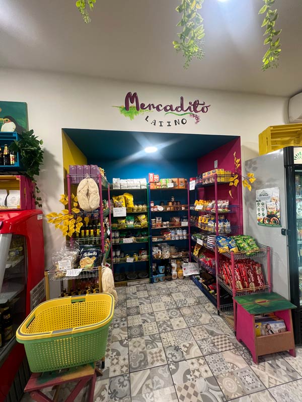 A store with shelves and a basket