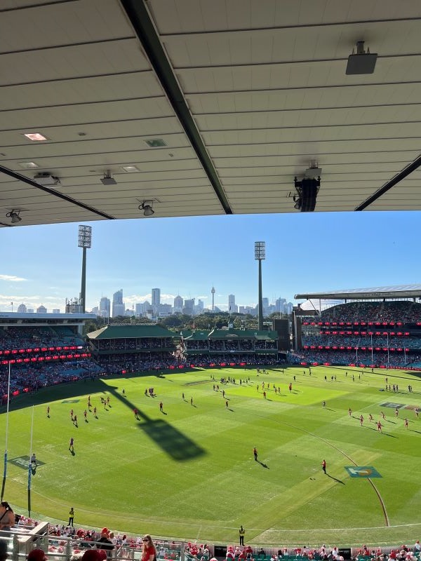 View of AFL rugby game from stadium seats