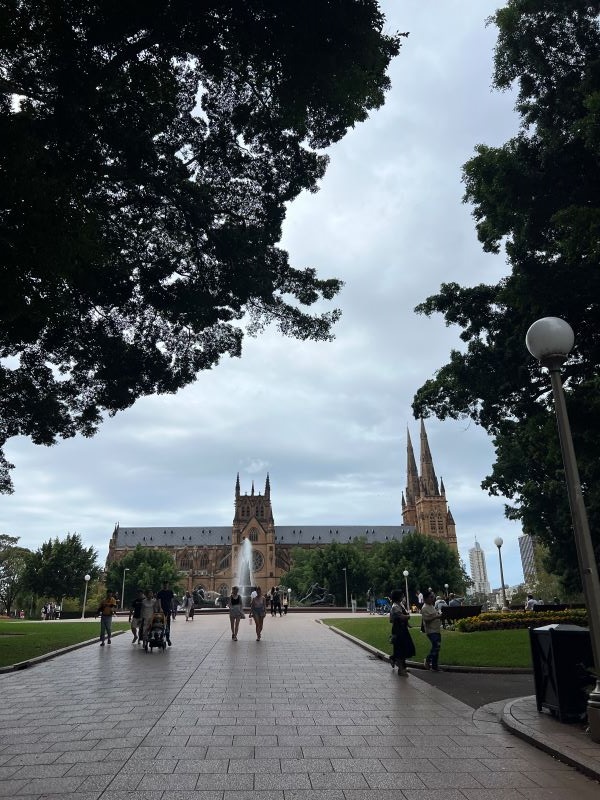 Photo of St. James Cathedral with civilians walking around