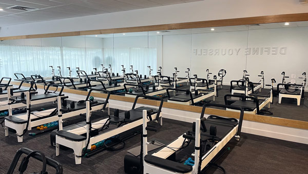 A room with rows of treadmills