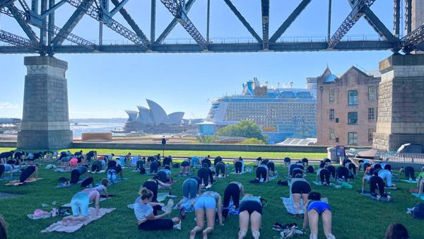 A group of people doing yoga on grass under a bridge and near water